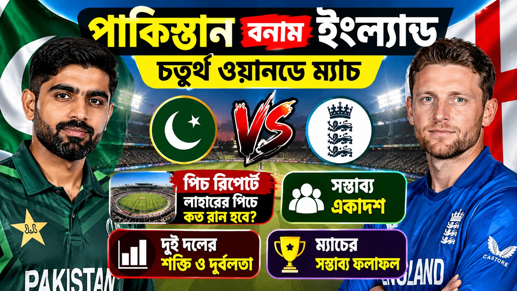 পাকিস্তান বনাম ইংল্যান্ড ৪র্থ ওয়ানডে ম্যাচ প্রেডিকশন, লাহোর পিচ রিপোর্ট ও সম্ভাব্য একাদশ